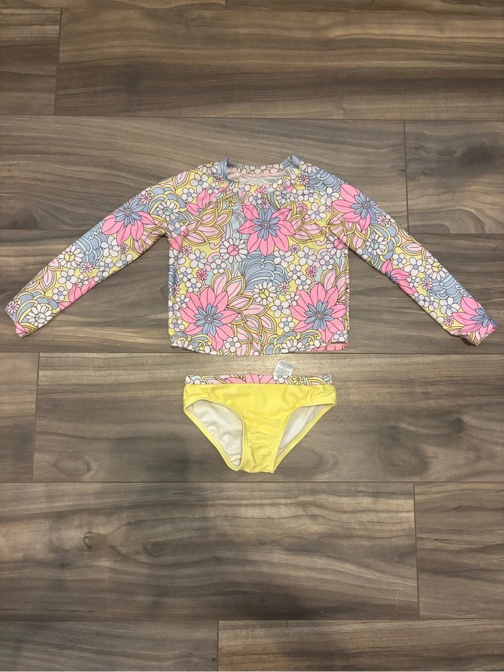 wonder nation Pink Floral Long-Sleeve Rash Guard with Yellow Bikini Bottoms